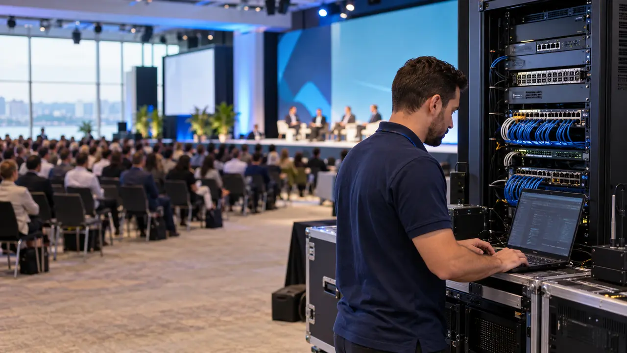 Técnico conferindo o rack de rede em um evento corporativo